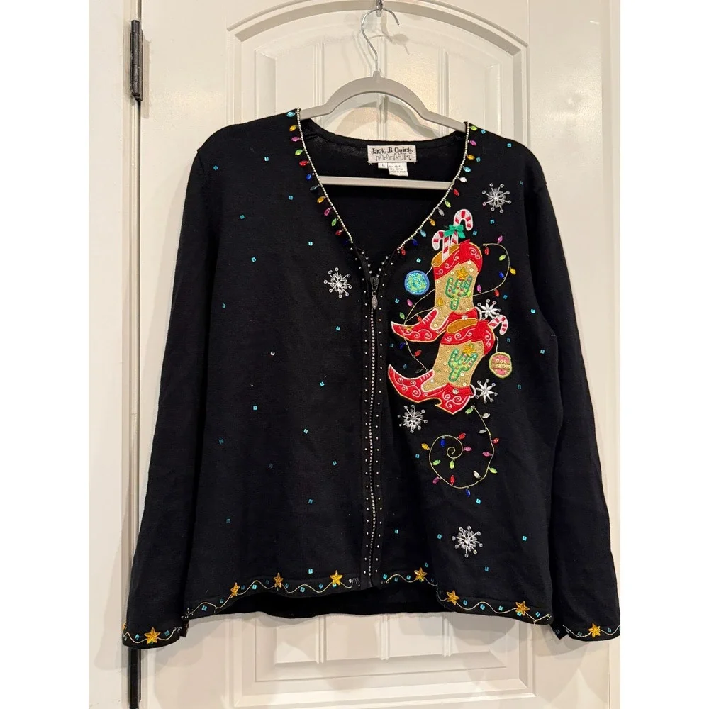 Jack B. Quick Womens Sweater L Black Christmas Cardigan Stocking Festive - Picture 1 of 7